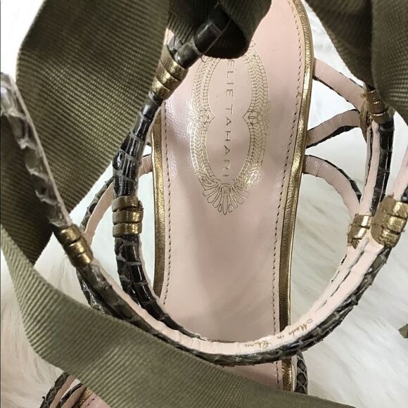 Elie Tahari Green Sandal Strappy Wedge Heel Sandal Snake Skin Size 40 1/2 - Picture 8 of 9